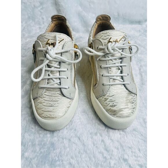 Giuseppe Zanotti Gold/Cream Python Embossed Leather And Leather Double Zip Low T - Picture 8 of 12
